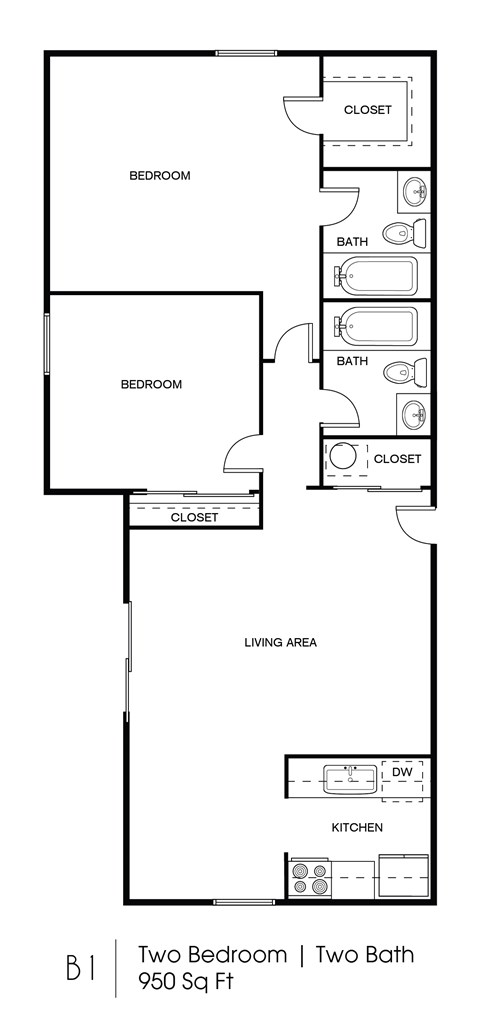 Floor plan for 2 beds, 2 baths, 950 sqft